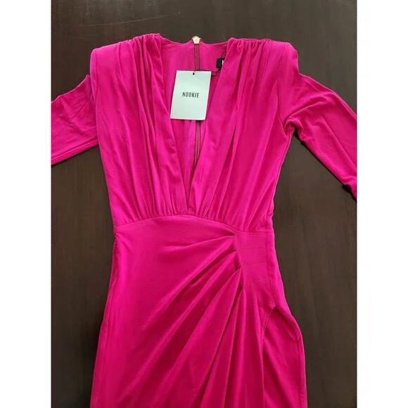 $299 retail-NWT-Nooki REVOLVE Farrah Plunge V-Neck Gown-Cerise(deep pink)-Small - Picture 3 of 7